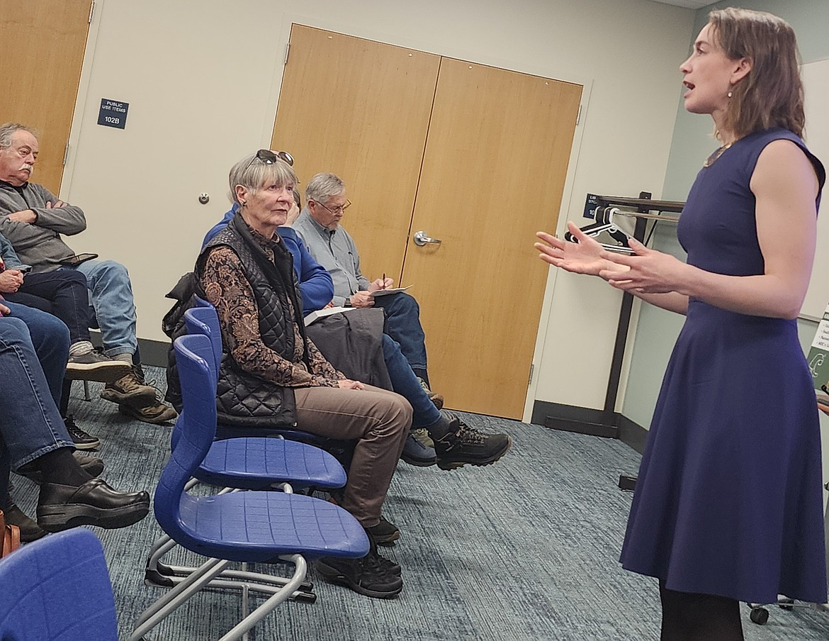 Rylee Sommers--Flanagan engages her audience about the Montana Constitution at the Montana Constitution Road Show held at the North Lake Count Library last Friday evening. (Berl Tiskus/Leader)