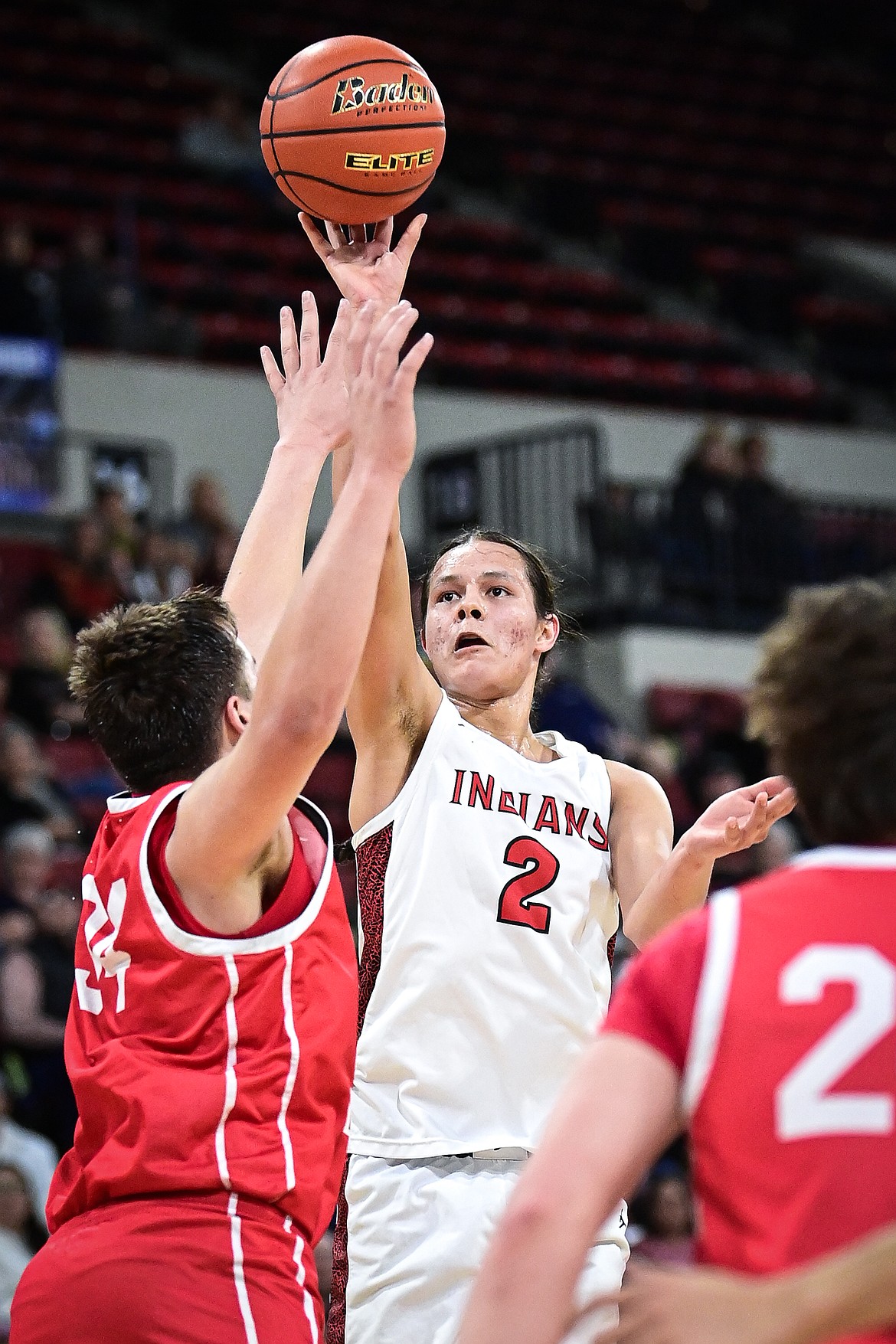 Browning's Jude Reevis (2) rises to shoot in the second half against Glendive at the Class A State Basketball Tournament at the MetraPark First Interstate Arena in Billings on Thursday, March 13. (Casey Kreider/Daily Inter Lake)