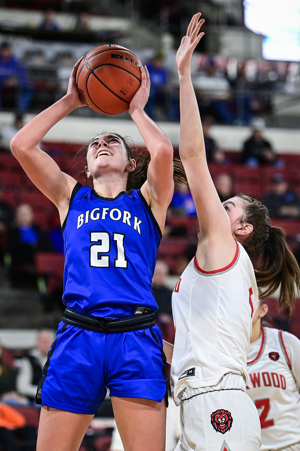 Bigfork's Braeden Gunlock (21) makes a move to the basket in the third quarter against Lockwood at the Class A State Basketball Tournament at the MetraPark First Interstate Arena in Billings on Saturday, March 15. (Casey Kreider/Daily Inter Lake)