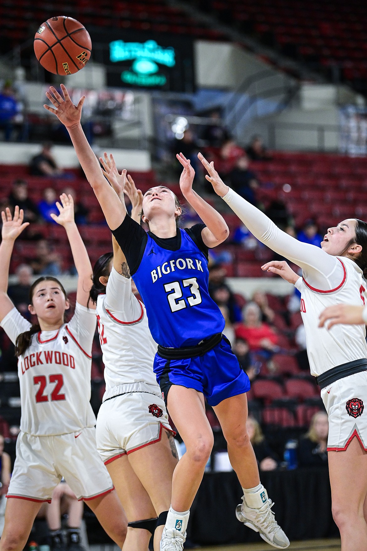 Bigfork's Paeten Gunlock (23) drives to the basket in the second half against Lockwood at the Class A State Basketball Tournament at the MetraPark First Interstate Arena in Billings on Saturday, March 15. (Casey Kreider/Daily Inter Lake)