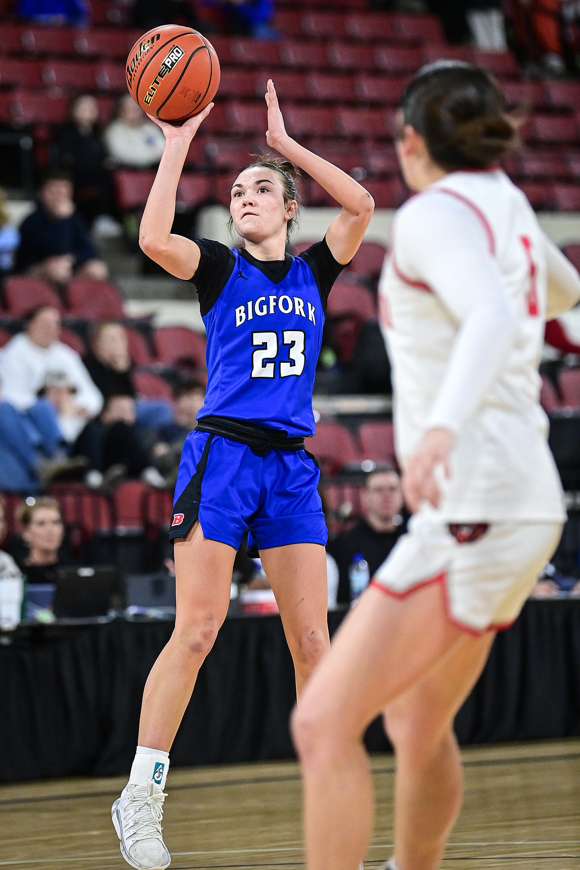 Bigfork's Paeten Gunlock (23) shoots in the fourth quarter against Lockwood at the Class A State Basketball Tournament at the MetraPark First Interstate Arena in Billings on Saturday, March 15. (Casey Kreider/Daily Inter Lake)