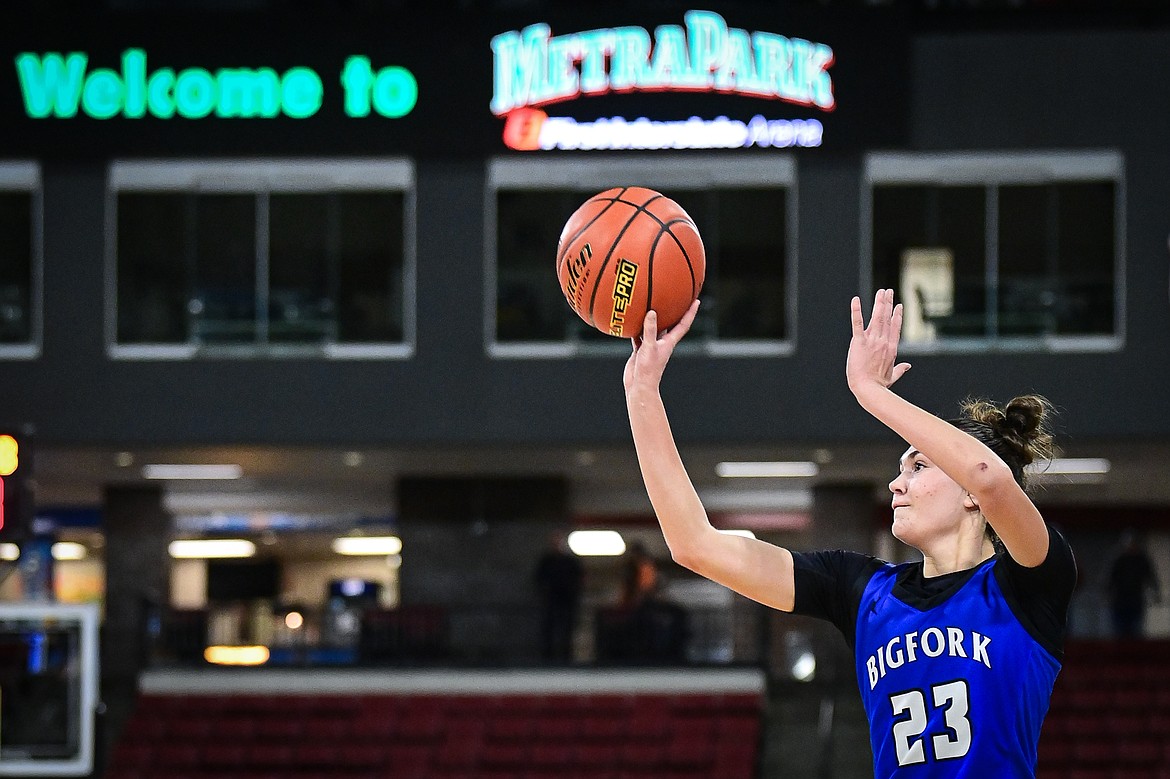 Bigfork's Paeten Gunlock (23) shoots in the second half against Lockwood at the Class A State Basketball Tournament at the MetraPark First Interstate Arena in Billings on Saturday, March 15. (Casey Kreider/Daily Inter Lake)