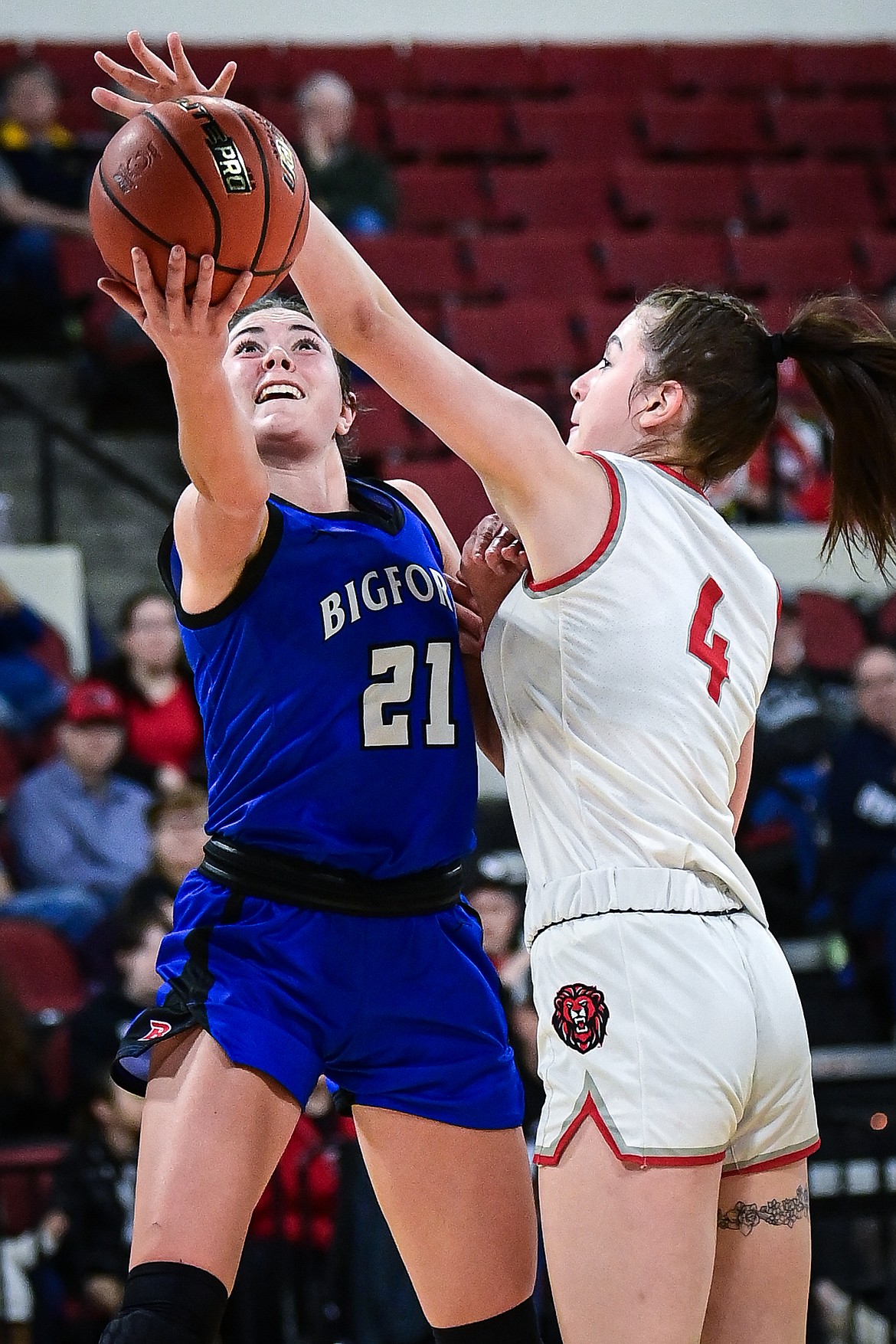 Bigfork's Braeden Gunlock (21) makes a move to the basket in the second quarter against Lockwood at the Class A State Basketball Tournament at the MetraPark First Interstate Arena in Billings on Saturday, March 15. (Casey Kreider/Daily Inter Lake)