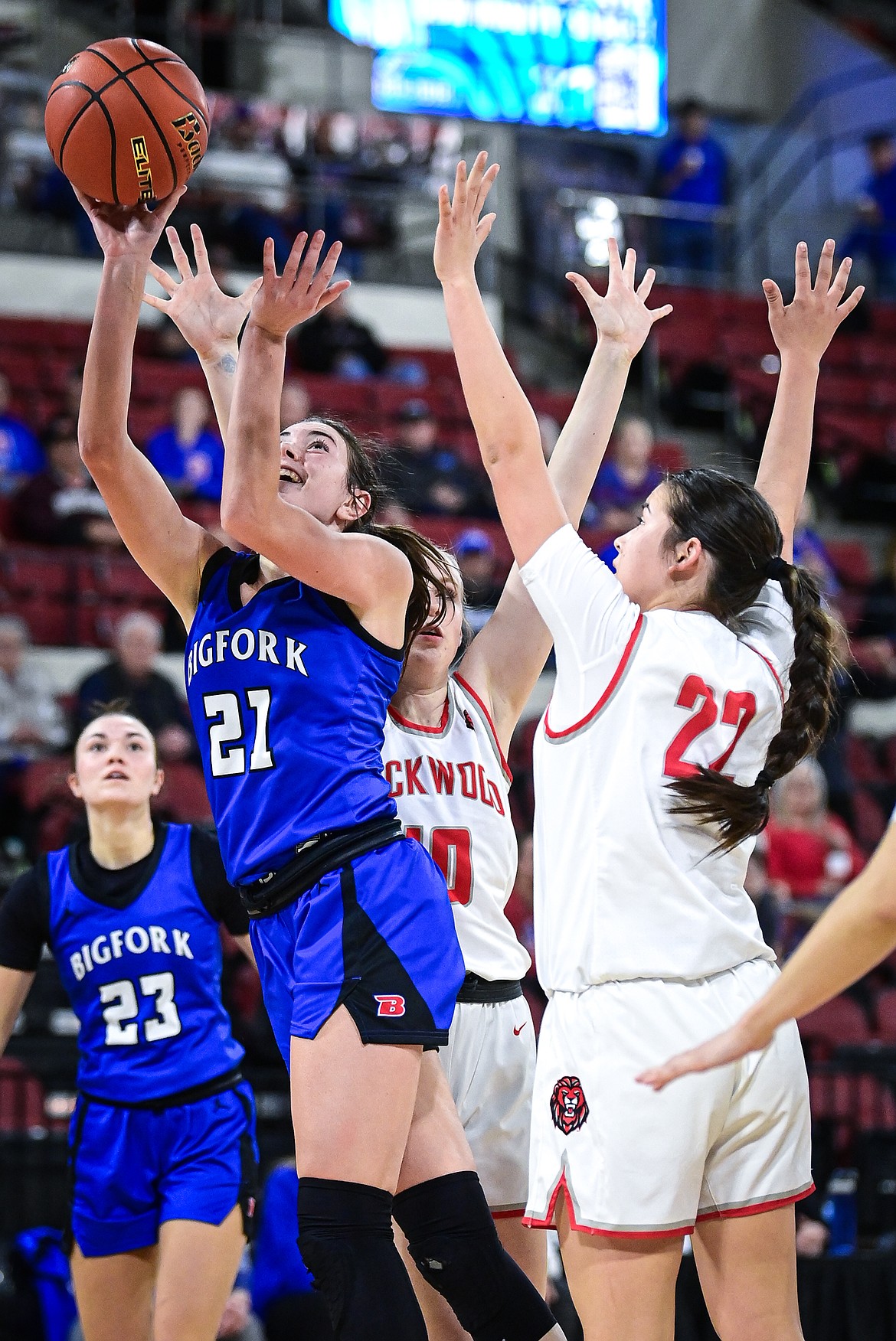 Bigfork's Braeden Gunlock (21) makes a move to the basket in the third quarter against Lockwood at the Class A State Basketball Tournament at the MetraPark First Interstate Arena in Billings on Saturday, March 15. (Casey Kreider/Daily Inter Lake)
