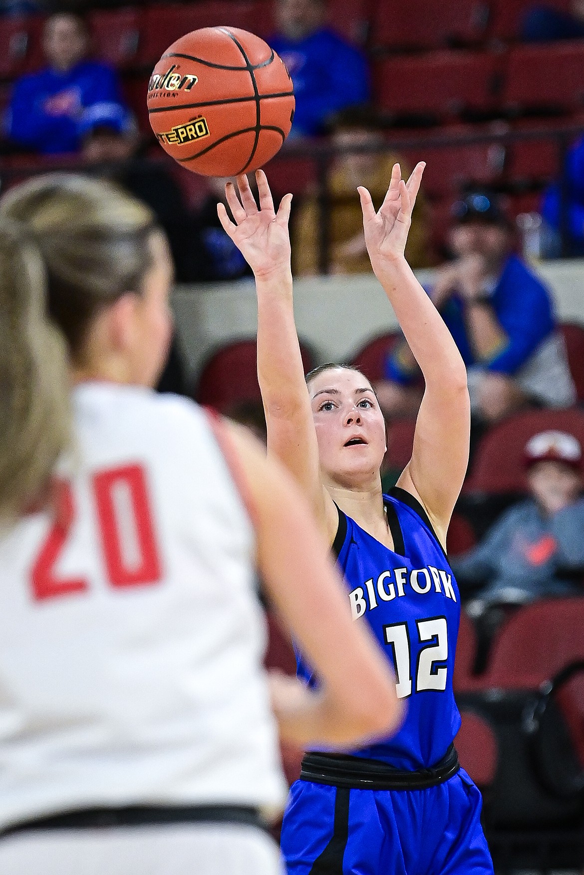 Bigfork's Keni Wade (12) shoots in the second quarter against Lockwood at the Class A State Basketball Tournament at the MetraPark First Interstate Arena in Billings on Saturday, March 15. (Casey Kreider/Daily Inter Lake)