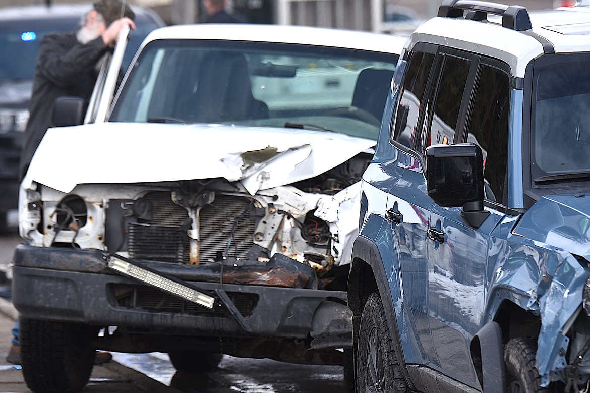 A person was taken to Cabinet Peaks Medical Center following a two-vehicle accident at about 12:15 p.m. Monday, March 17, 2025, on U.S. 2 in front of Rosauers Supermarket in Libby. A blue Toyota Force Max had front end damage on the passenger side while a white Ford Ranger pickup truck had severe front end damage, mostly on the driver's side. Libby Volunteer Ambulance, Libby Police Department and Libby Volunteer Fire Department responded to the scene. (Scott Shindledecker/The Western News)