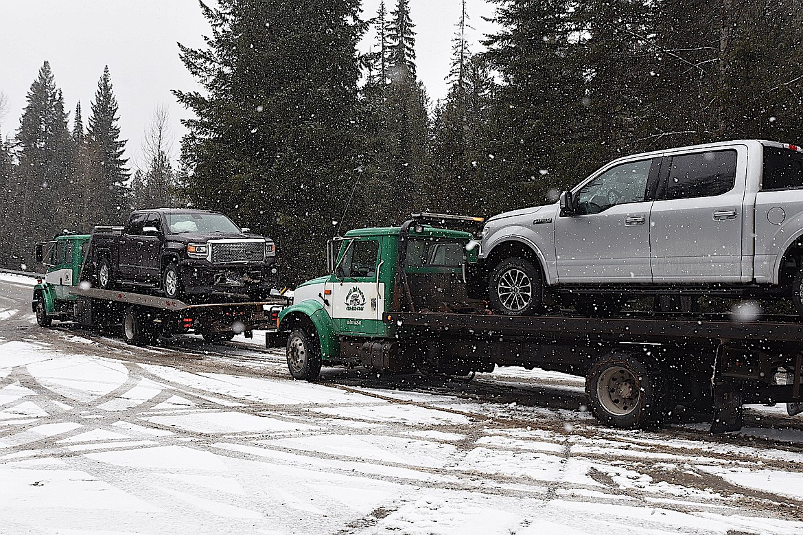 A two-truck accident occurred near Turner Mountain Saturday, March 15, 2025, during the Top to Dog event, but no injuries were reported. (Scott Shindledecker/The Western News)