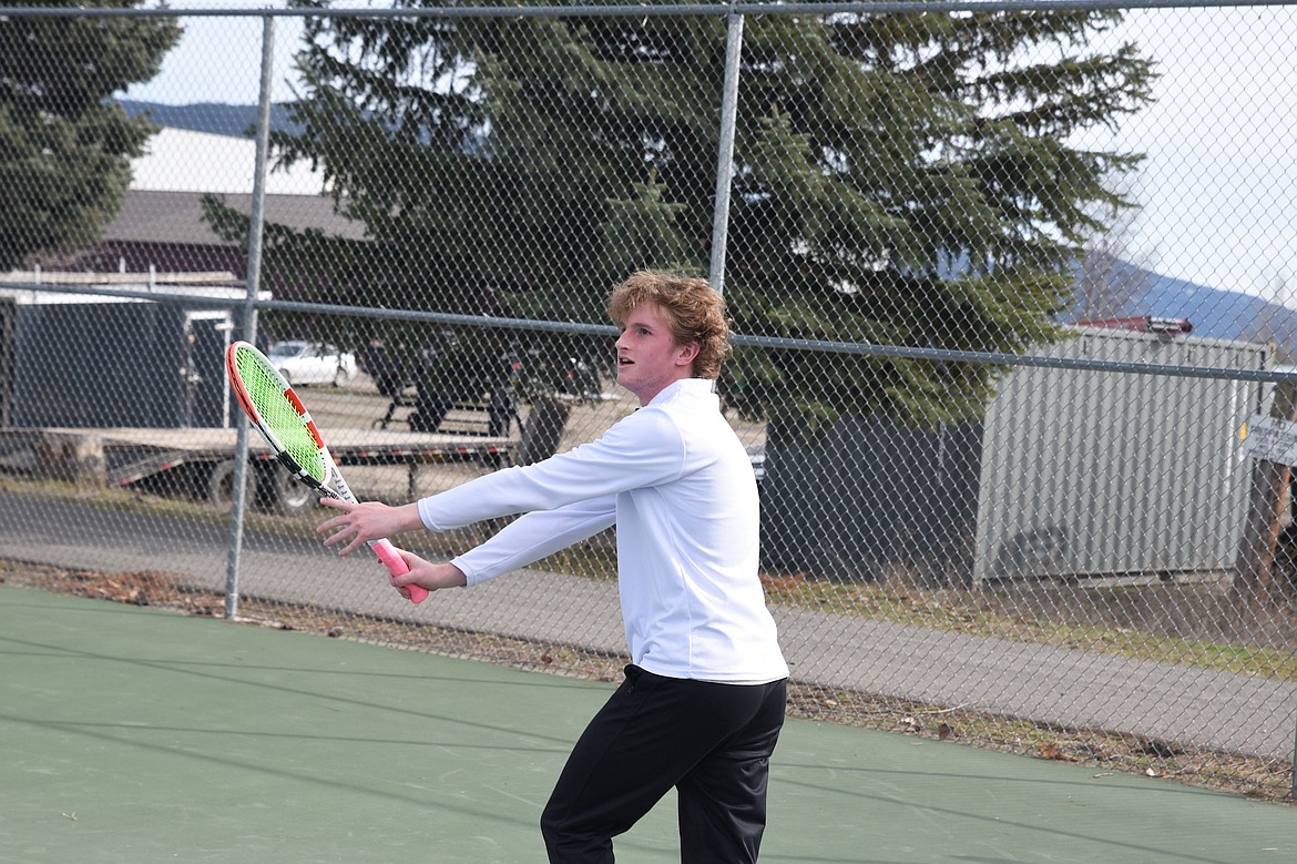 Libby High School tennis player Ryan Beagle practices Wednesday, March 19, 2025. (Scott Shindledecker/The Western News)