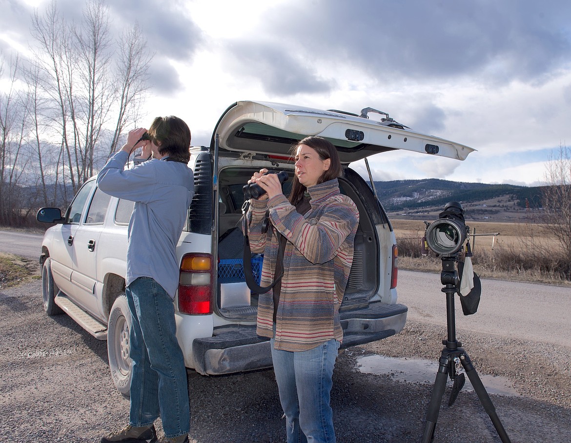 Owl Research Institute staff Zach Burke and Beth Mendelsohn look for raptors south of St. Ignatius during ORI's March raptor count. (Kristi Niemeyer/Leader)