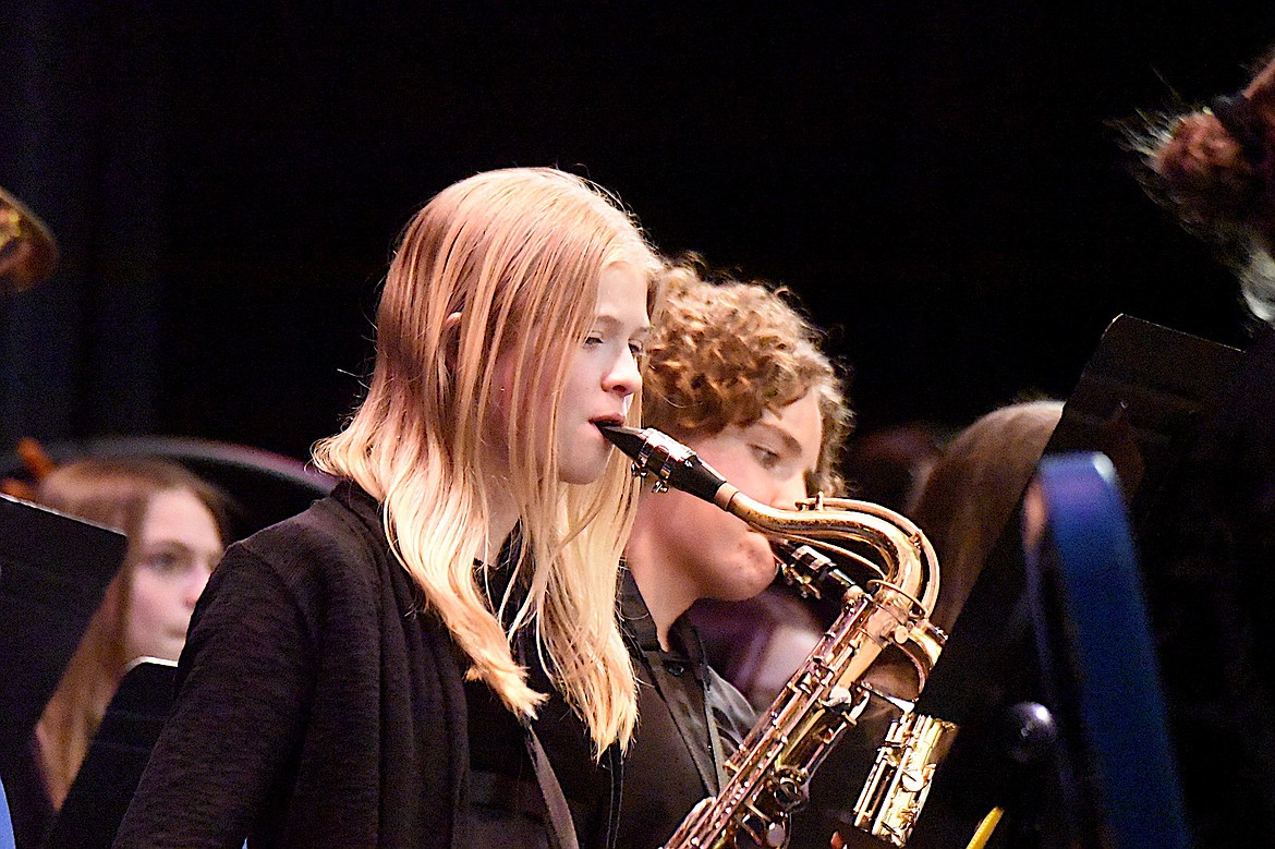 Members of the Libby Middle School seventh-grade band perform Thursday, March 20, 2025, at the Memorial Center. (Scott Shindledecker/The Western News)