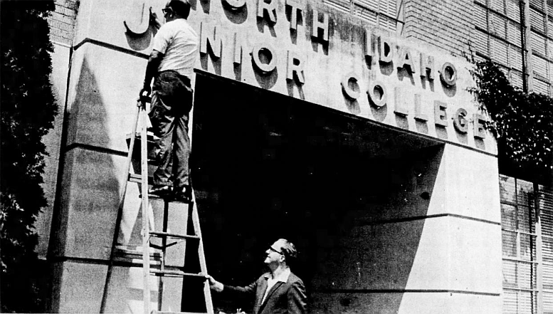 In this Coeur d’Alene Press Photo from July 1, 1971, President Barry Schuler holds the ladder for custodian Mike Dejanovich as he begins to change the college name above the entrance to Lee Hall to North Idaho College.
