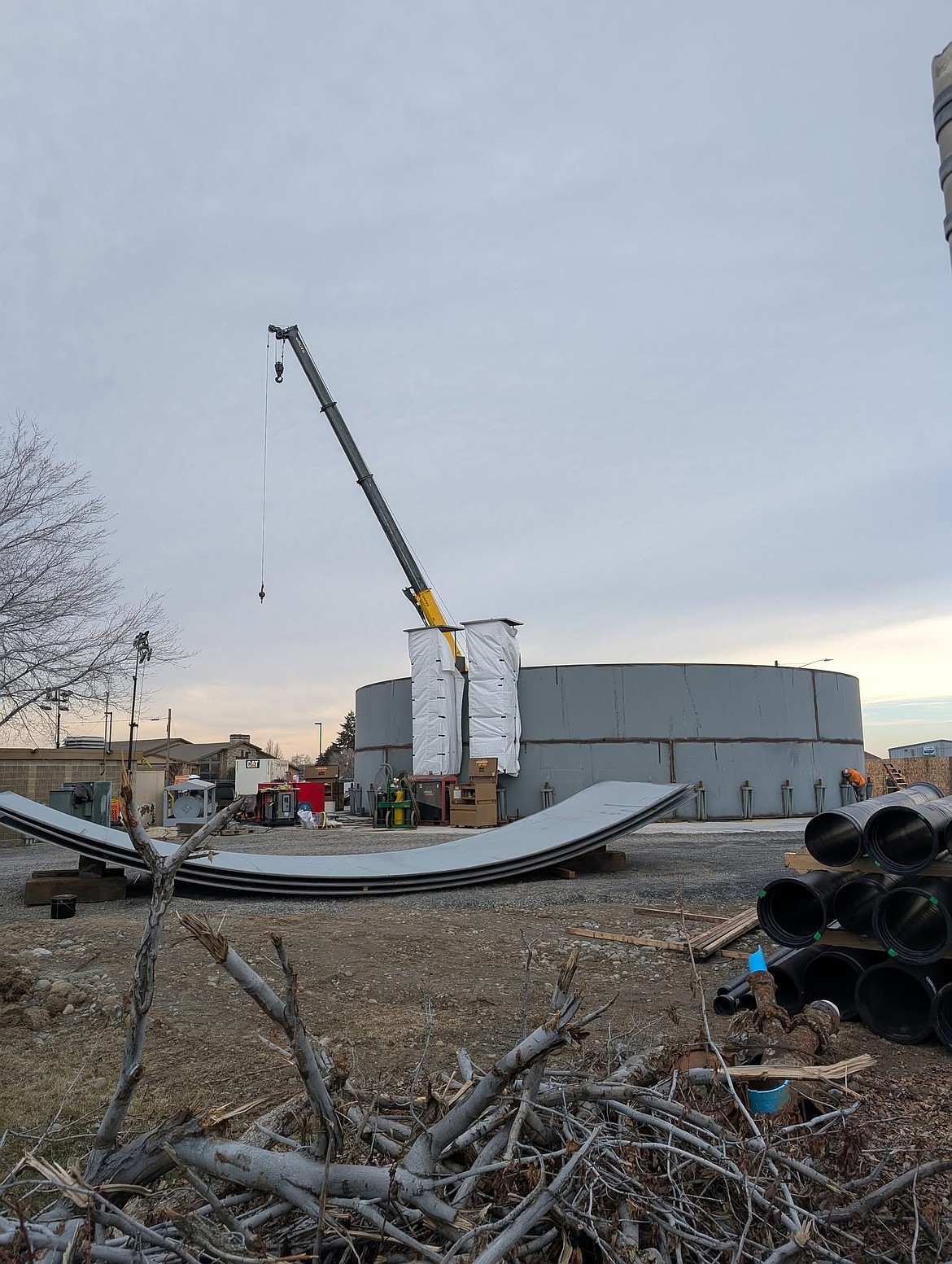 The new water tower in Ephrata is moving along in construction. The tower, pictured in January, has eight of 19 rings complete. In the image, just two rings were completed.