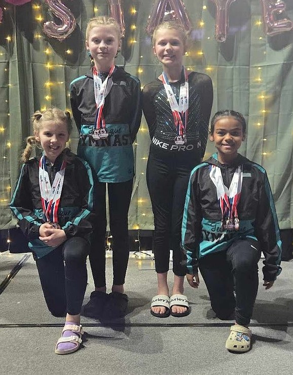 Courtesy photo
Technique Gymnastics Xcel Bronzes at the state championships in Boise: From left: Charlotte Nasseth, 1st Place Vault, 3rd Place Bars, 3rd Place Beam, 2nd All Around; Jenna Morrison, 6th Place Beam; Caroline Buffum, 6th Place Beam; and Naomi Simon, 3rd Place Vault, 5th Place Beam, 4th Place Floor, 6th All Around.