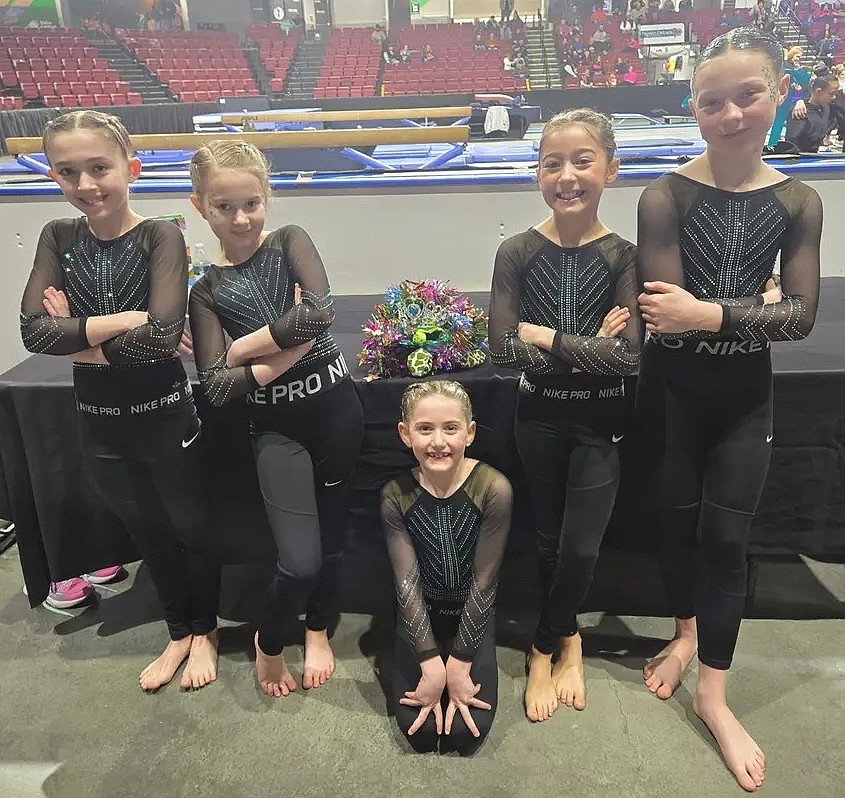 Courtesy photo
Technique Gymnastics Xcel Golds (younger) at the state championships in Boise: From left: Kelli Dorsey, 4th Place Vault, 1st Place Beam, 3rd Place Floor; Allienna Morton, 7th Place Beam; Madison Forkner, 1st Place Beam, 6th Place Floor, 4th All Around; Reese Bligh, 2nd Place Vault; and Everly Reed, 1st Place Vault, 3rd Place Beam, 5 Place Floor, 2nd All Around.