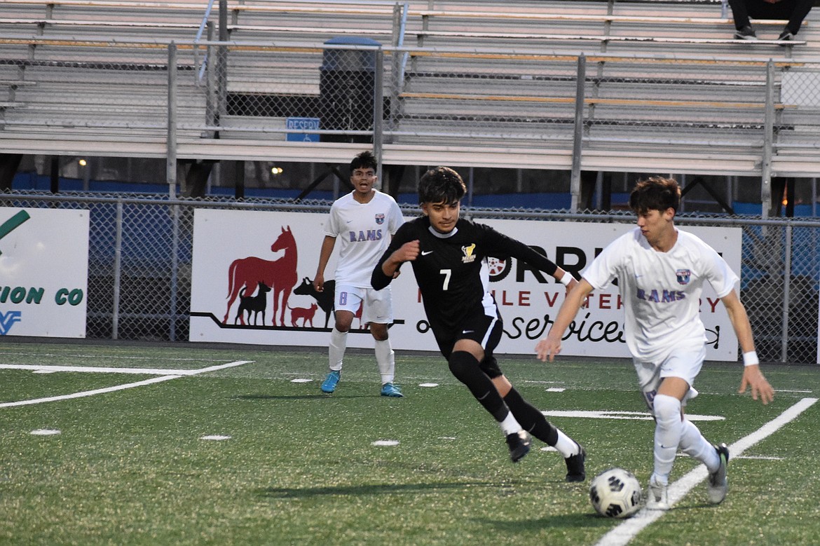 Mavs’ Kevin Segura, seen keeping up with a West Valley player with possession of the ball, was able to make a steal and make a push toward the goal.