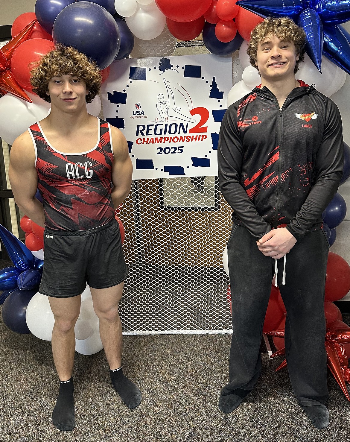 Courtesy photo
Avant Coeur Level 10s at the Men's Region 2 Gymnastics Championships in Minnesota. Conan Tapia qualified to the national championships where he will compete against Level 10s from all over the U.S. in May. From left are Conan Tapia and Lance Mosher.