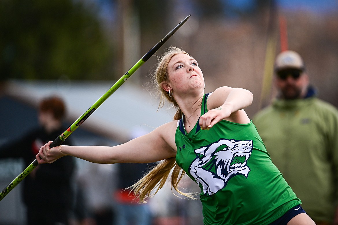 Glacier's Charlotte Osler releases a throw in the javelin at the Kalispell Time Trials at Legends Stadium on Tuesday, April 8. (Casey Kreider/Daily Inter Lake)