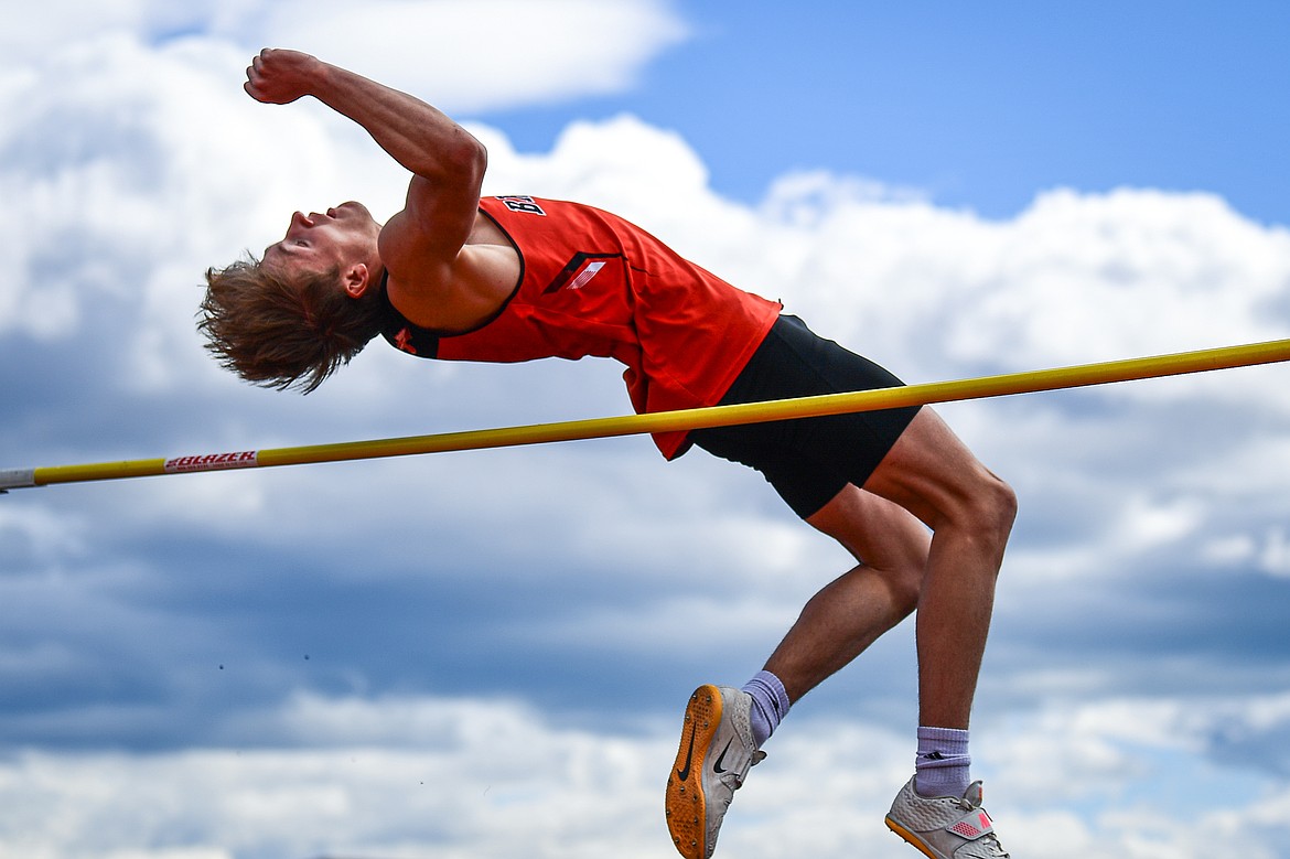 Flathead's Will Hollensteiner clears 6' in the boys high jump at the Kalispell Time Trials at Legends Stadium on Tuesday, April 8. (Casey Kreider/Daily Inter Lake)