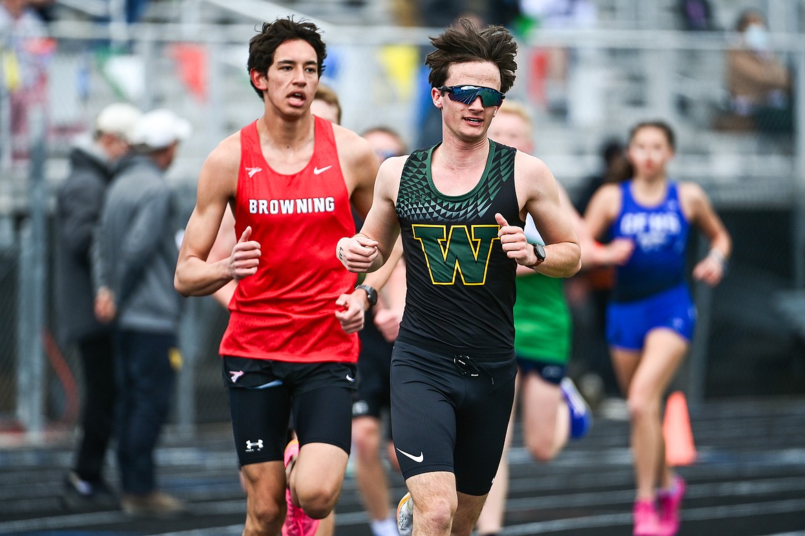 Whitefish's Simon Douglas took first place in the boys 3200 meter run at the Kalispell Time Trials at Legends Stadium on Tuesday, April 8. (Casey Kreider/Daily Inter Lake)