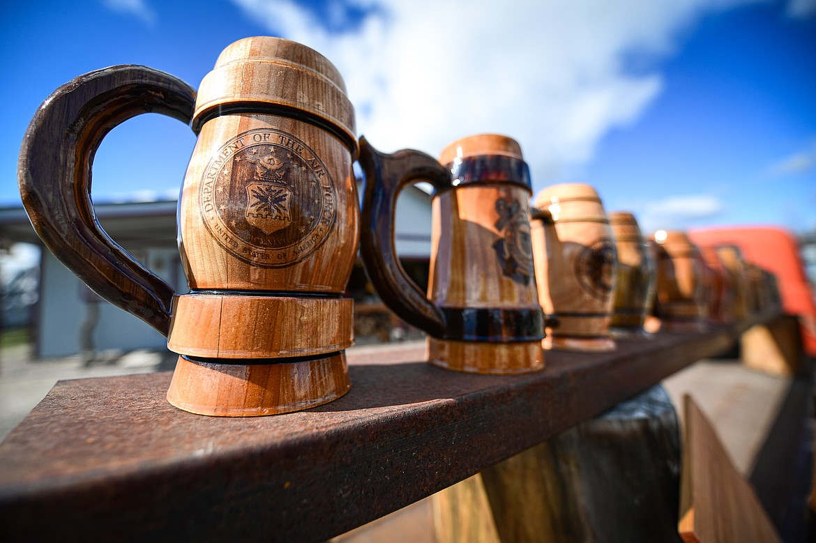 Custom-made mugs for every branch of military service at Mug Man Woodworking in Kalispell on Tuesday, April 8. (Casey Kreider/Daily Inter Lake)