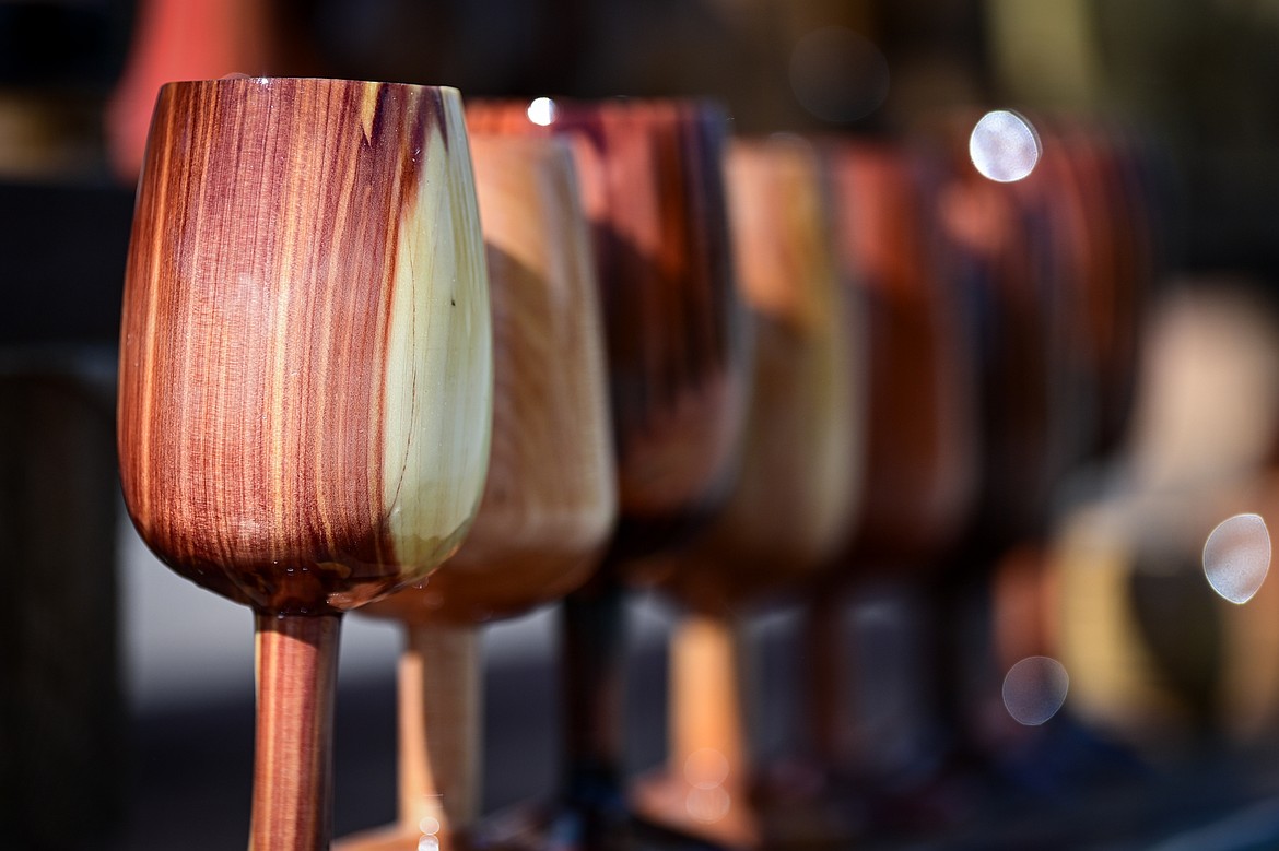Custom-made wood-carved goblets made by Calvin St. Peter at Mug Man Woodworking on Tuesday, April 8. (Casey Kreider/Daily Inter Lake)