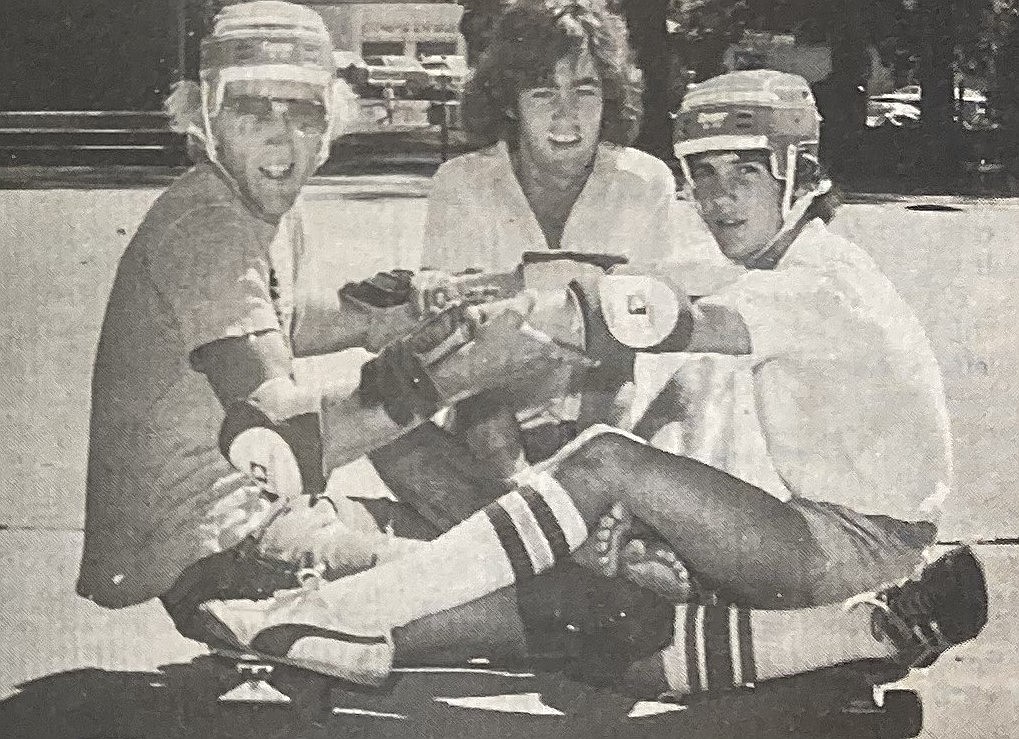 Kelly Walton, 20, center, demonstrates a skateboard maneuver called the “catamaran” in 1977, with Greg Clark, left, and Ken Moretz.