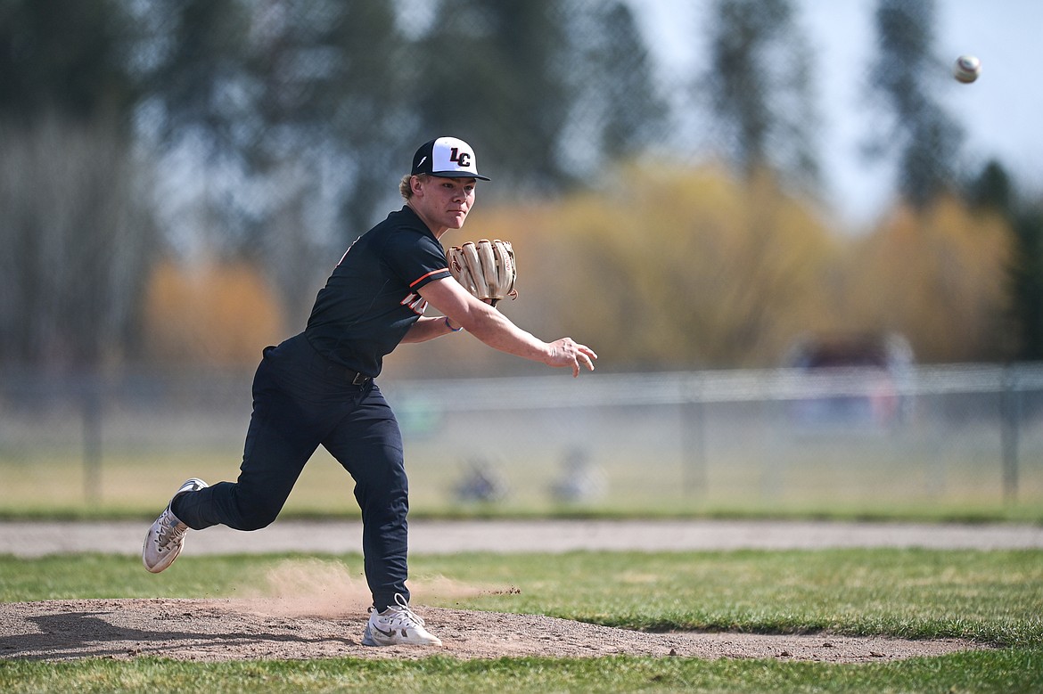 Eureka pitcher Rogan Lytle (3) delivers against Bigfork at ABS Park on Thursday, April 10. (Casey Kreider/Daily Inter Lake)