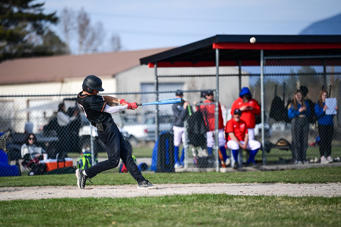 Eureka's Tyce Van Orden (7) connects on a double in the eighth inning against Bigfork at ABS Park on Thursday, April 10. (Casey Kreider/Daily Inter Lake)