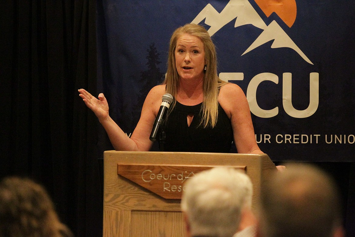 MARK NELKE/Press
Debbie Buchanan speaks at her induction into the North Idaho Athletic Hall of Fame on April 11, 2025 at The Coeur d'Alene Resort.