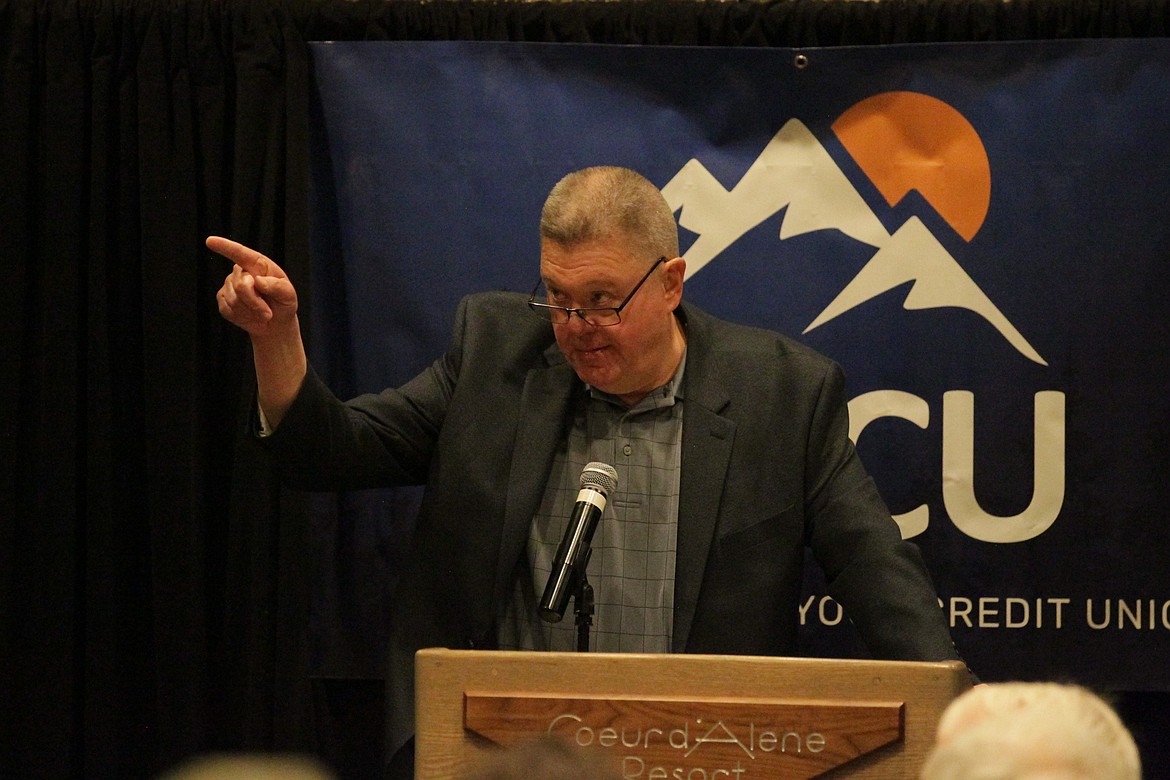 MARK NELKE/Press
Jim Winger speaks at his induction into the North Idaho Athletic Hall of Fame on April 11, 2025 at The Coeur d'Alene Resort.