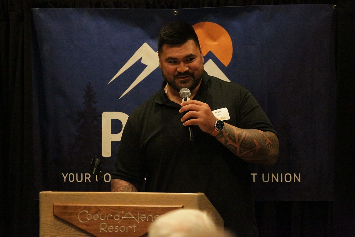 MARK NELKE/Press
Mike Iupati speaks at his induction into the North Idaho Athletic Hall of Fame on April 11, 2025 at The Coeur d'Alene Resort.