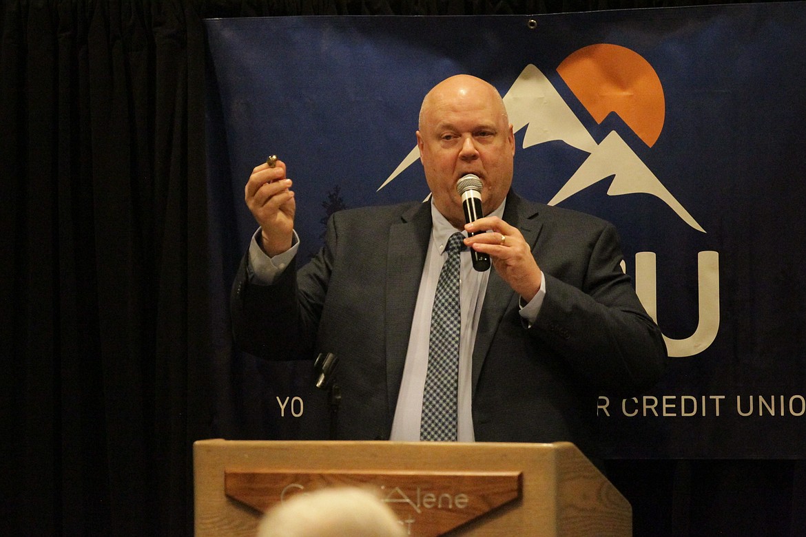 MARK NELKE/Press
Rick Rasmussen speaks at his induction into the North Idaho Athletic Hall of Fame on April 11, 2025 at The Coeur d'Alene Resort.