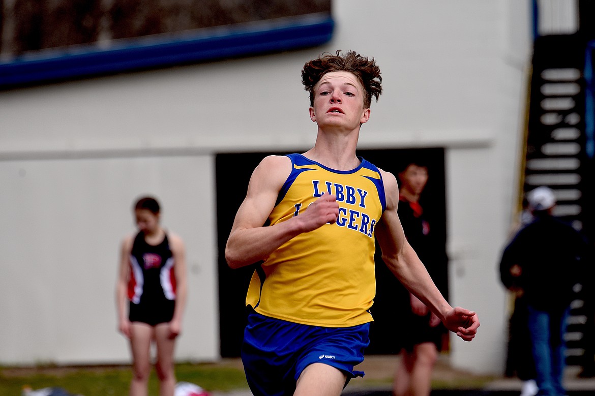 Libby's Ledger Fortner competes in the long jump Saturday, April 12, 2025, at the Libby Invitational at Logger Stadium. (Scott Shindledecker/The Western News)