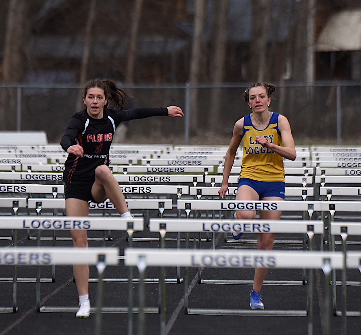Libby's Bergen Fortner competes in the 100-meter hurdles Saturday, April 12, 2025, at the Libby Invitational at Logger Stadium. (Scott Shindledecker/The Western News)