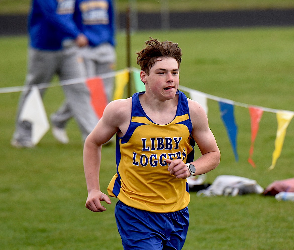 Libby's Cody Watson competes in the 3,200-meter run Saturday, April 12, 2025, at the Libby Invitational at Logger Stadium. (Scott Shindledecker/The Western News)