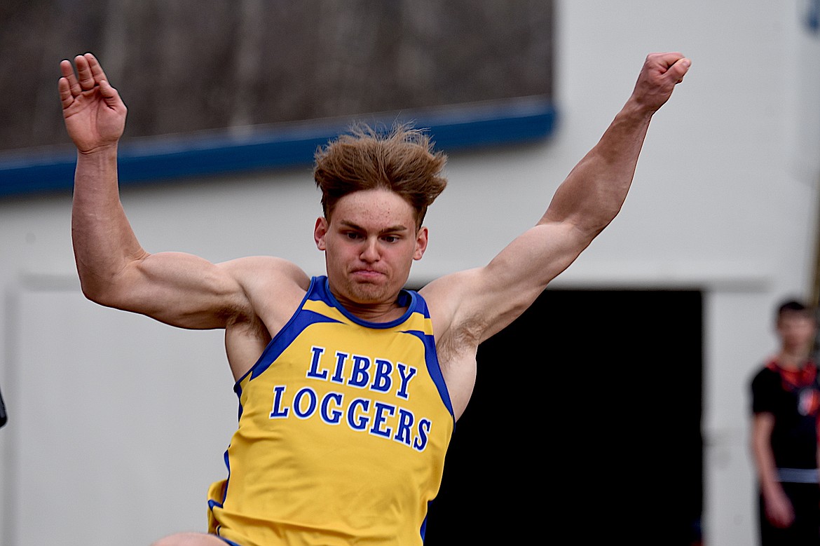 Libby's Danny Waletski competes in the high jump Saturday, April 12, 2025, at the Libby Invitational at Logger Stadium. (Scott Shindledecker/The Western News)