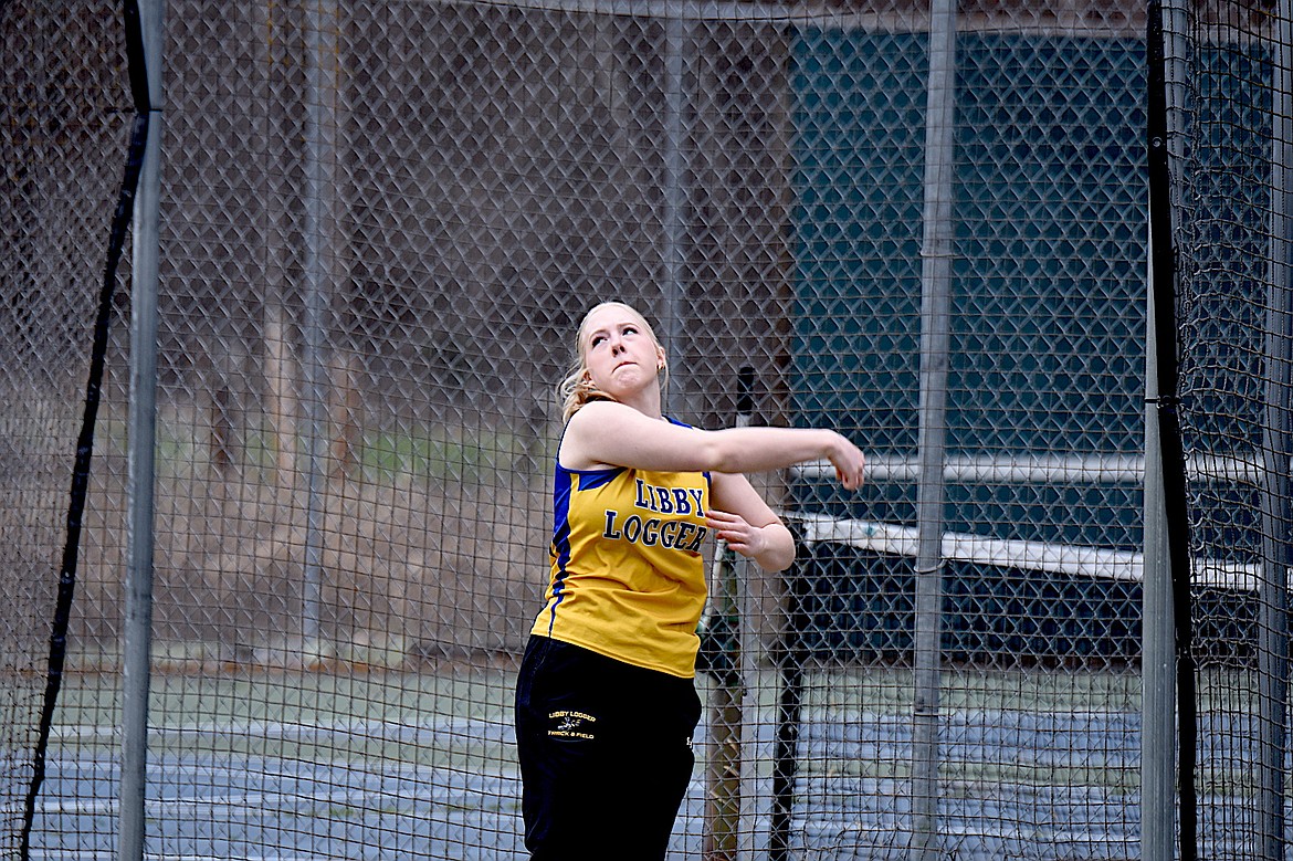 Libby's Sidney Thompson competes in the discus Saturday, April 12, 2025, at the Libby Invitational at Logger Stadium. (Scott Shindledecker/The Western News)
