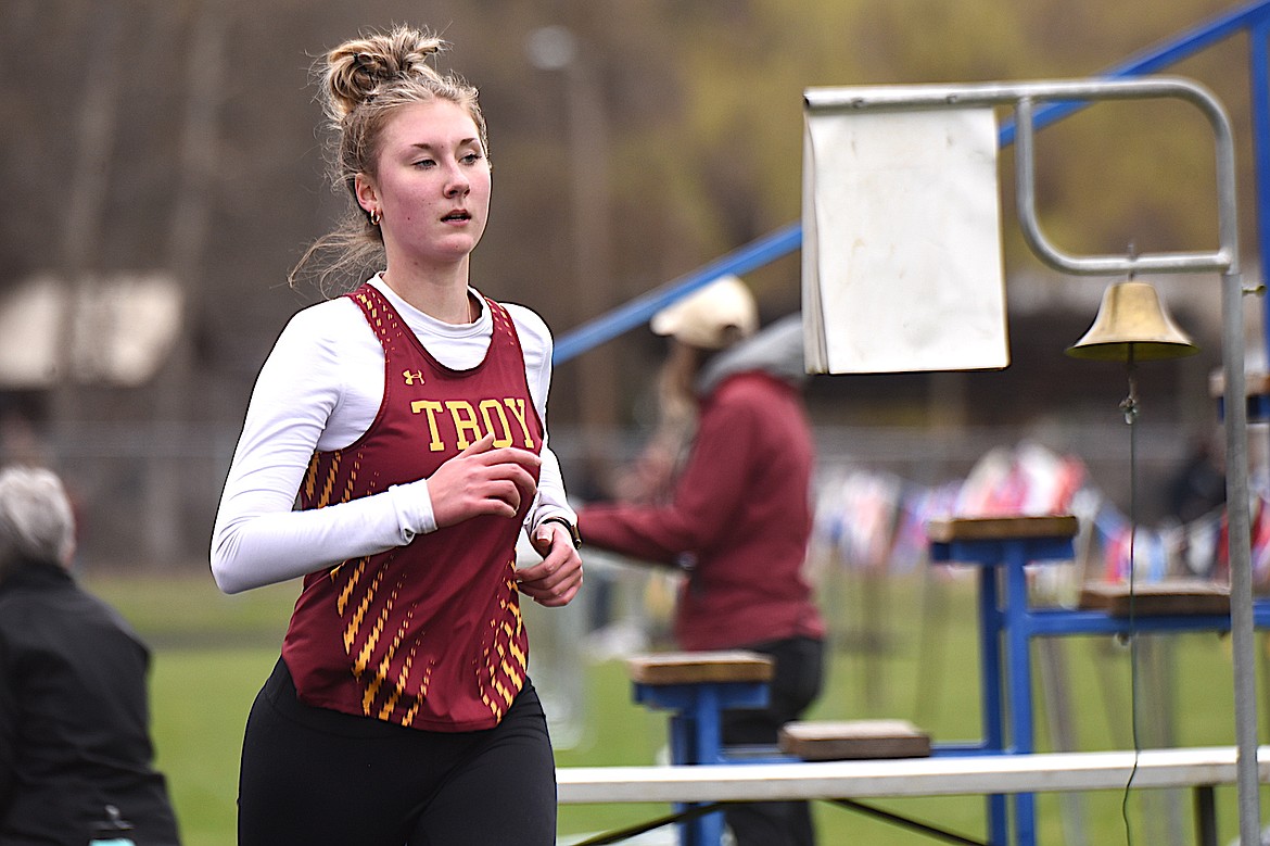Troy's Jaylee Meyers competes in the 3,200-meter run Saturday, April 12, 2025, at the Libby Invitational at Logger Stadium. (Scott Shindledecker/The Western News)