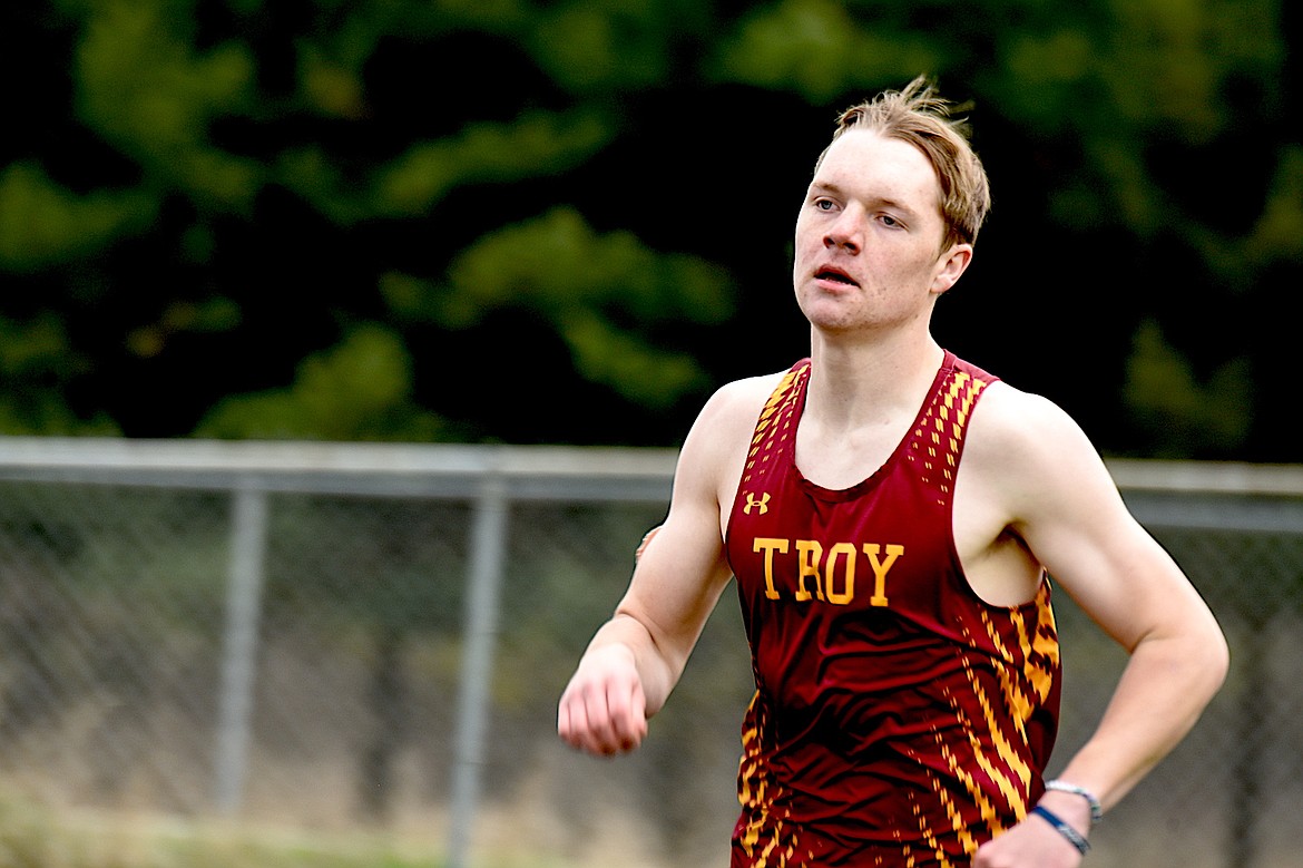 Troy's Nolan Morris competes in the 800-meter run Saturday, April 12, 2025, at the Libby Invitational at Logger Stadium. (Scott Shindledecker/The Western News)