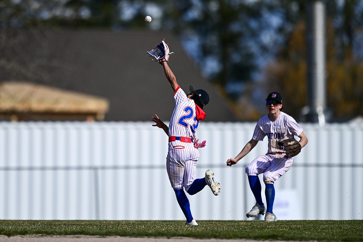 Bigfork second baseman Rye Rodriguez (23) catches a shallow fly ball against Eureka at ABS Park on Thursday, April 10. (Casey Kreider/Daily Inter Lake)