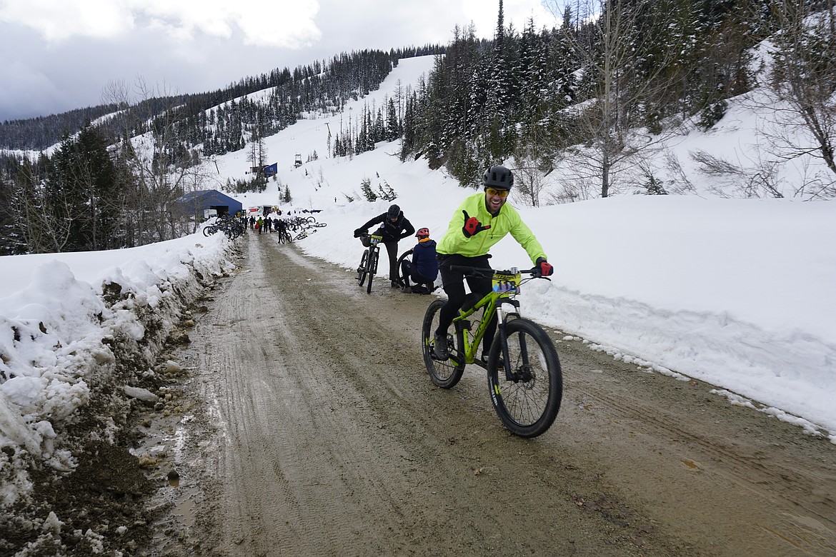 Racers begin the mountain biking leg of a previous Leadman Triathlon.