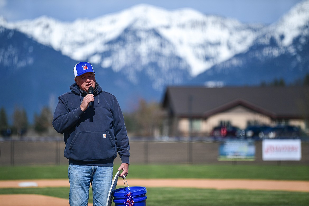 Dan Purcell speaks before the first game at Flathead Beacon Field between Bigfork and Troy on Thursday, April 17. (Casey Kreider/Daily Inter Lake)