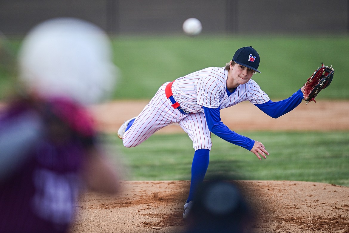 Bigfork pitcher Grady Campbell (3) delivers against Troy at Flathead Beacon Field on Thursday, April 17. (Casey Kreider/Daily Inter Lake)