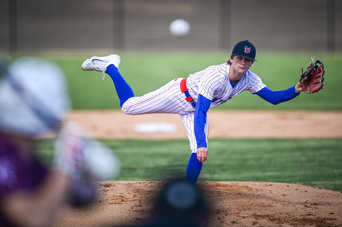 Bigfork pitcher Grady Campbell (3) delivers against Troy at Flathead Beacon Field on Thursday, April 17. (Casey Kreider/Daily Inter Lake)