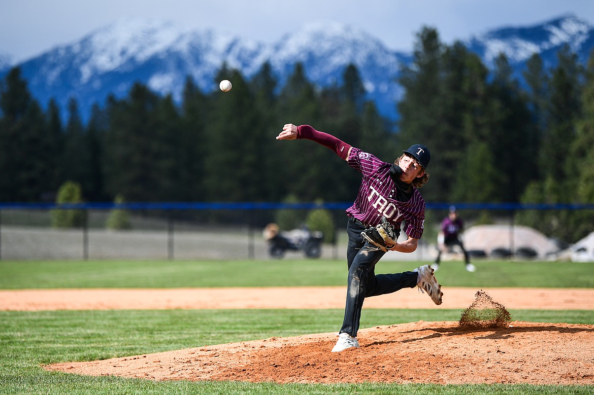 Troy pitcher Carson Orr (3) delivers against Bigfork at Flathead Beacon Field on Thursday, April 17. (Casey Kreider/Daily Inter Lake)