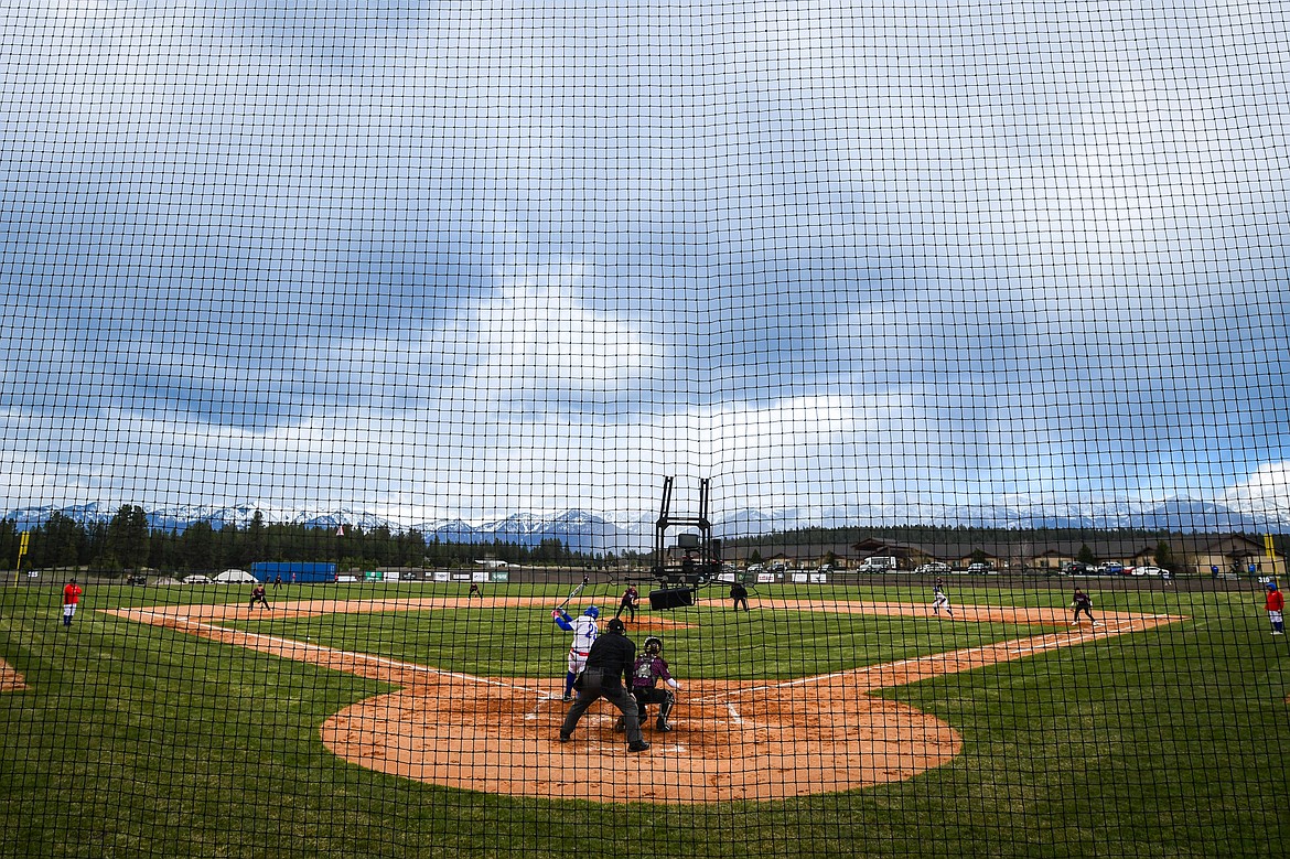 Bigfork's Holland Jantzen (25) connects on a double as the Vikings take on Troy at Flathead Beacon Field on Thursday, April 17. (Casey Kreider/Daily Inter Lake)