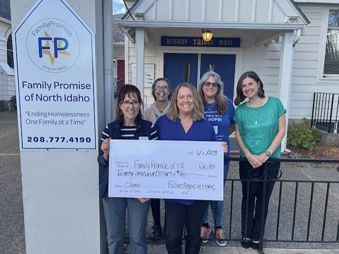 Clayton Homes recently donated $20,000 to Family Promise of North Idaho. Front left: Family Promise Executive Director Cindy Wood and Family Promise Board President Devon Johnson. Back row, from left: Shelter manager Melissa Peace, family services coordinator Lisa Donaldson and Family Promise Regional Director (West) Stacy Pollard.