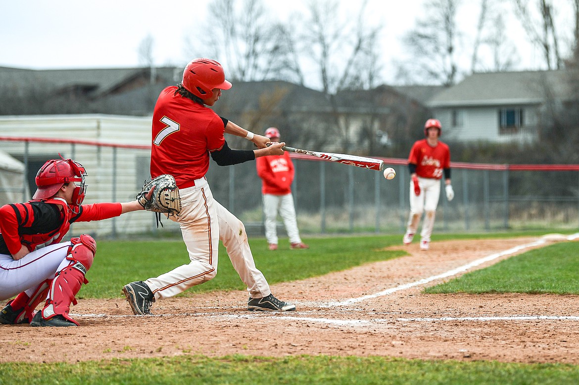 Lakers AA's Andre Cephers (7) drives in a pair of runs in the second inning against the Calgary Cardinals at Griffin Field on Saturday, April 19. (Casey Kreider/Daily Inter Lake)