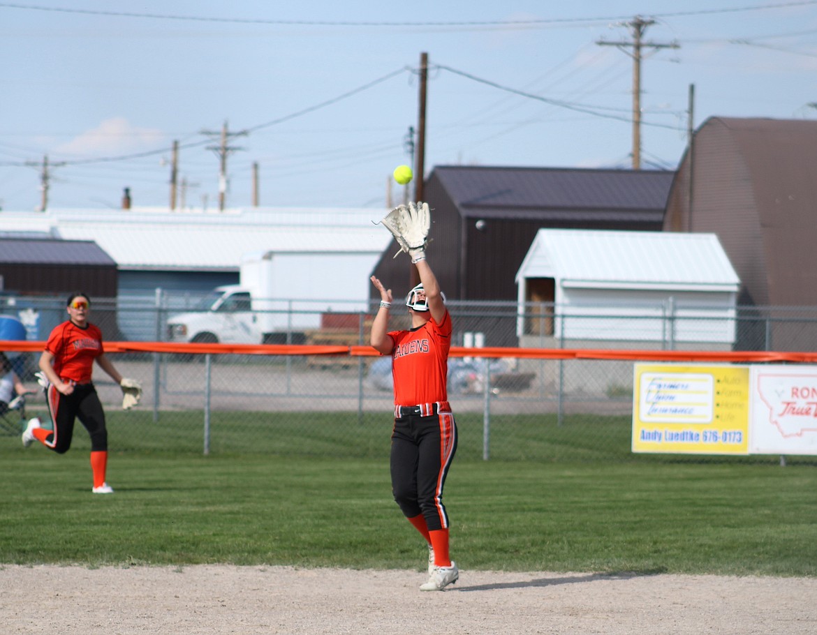 A Ronan fielder catches a pop fly to the get the out against Libby. (Kaleb Unger/Leader)