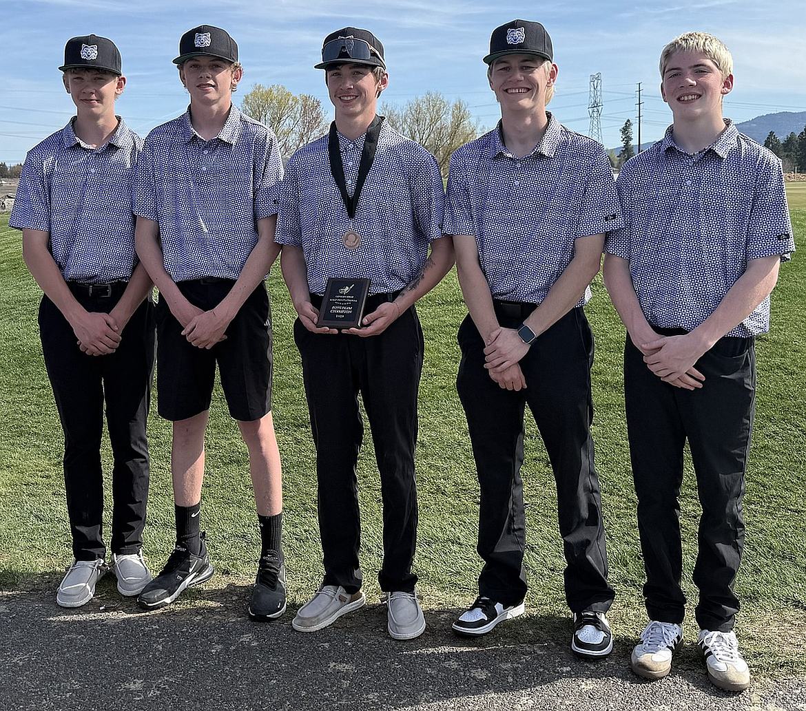 Kellogg's boys won the Genesis Prep Invitational on Monday at The Links Golf Club in Post Falls. From left are Bridger Bowman, Boden Glindeman, Brodie Robinson, Easton Towne and Johnny Stovern.